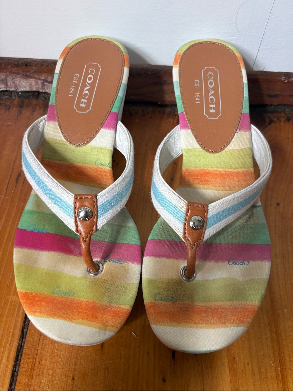 Coach Y2K Felicite Wedge Sandals Watercolor Multicolor, Size 7 - Stripes Thong